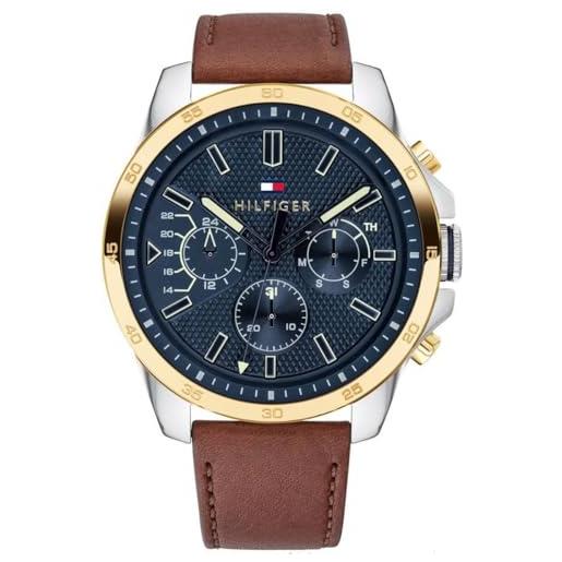 Tommy Hilfiger orologio analogico multifunzionale al quarzo per uomo con cinturino in silicone, acciaio inossidabile o pelle, sottoquadranti per giorno e data, resistente all'acqua fino a 5atm. 