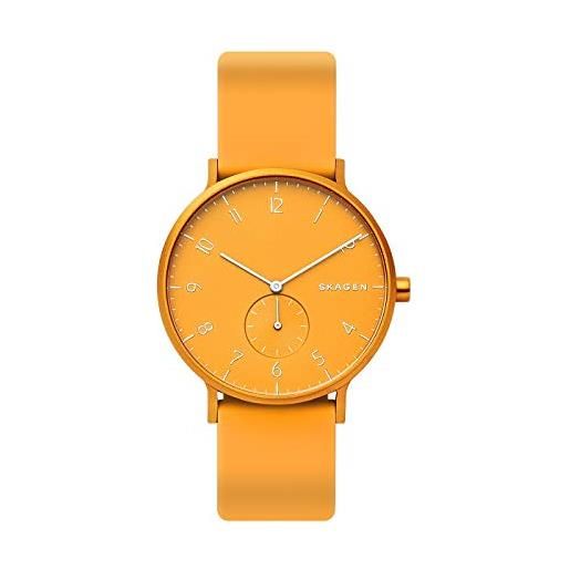 Skagen aaren orologio per unisex, movimento al quarzo con cinturino in silicone, acciaio inossidabile o pelle, giallo, 41mm