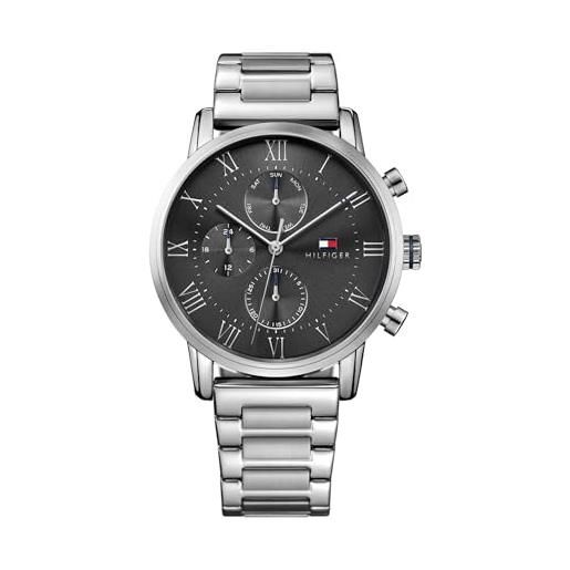 Tommy Hilfiger orologio al quarzo analogico multifunzione da uomo 44mm - quadrante grigio, bracciale in acciaio inossidabile argento, 3 sotto-quadranti, resistenza all'acqua 3atm - 1791397