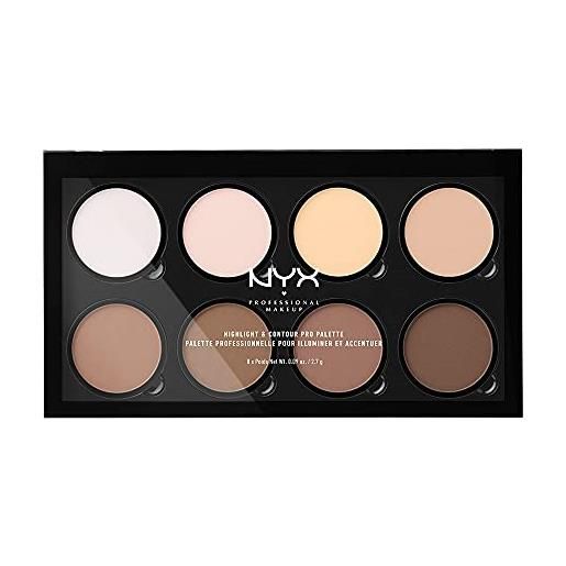 Nyx professional makeup highlight & contour pro palette, contouring kit in polvere, otto tonalità matte e perlescenti