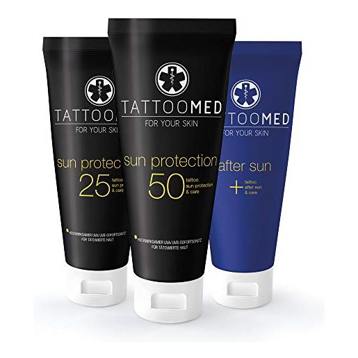TattooMed all in bundle sun - set con protezione solare/colore per tatuaggio, crema cura tatuaggio & after sun - confezione da 3