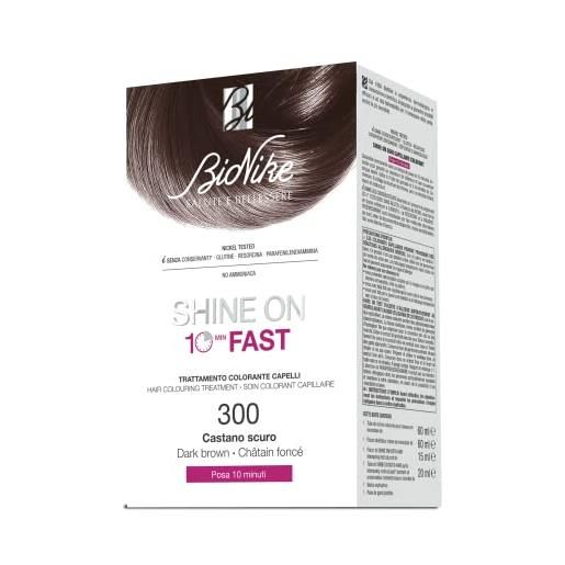 BioNike shine on fast kit trattamento colorante capelli n. 300 castano scuro - crema 60 ml, rivelatore 60 ml, shampoo 15 ml, balsamo 20 ml