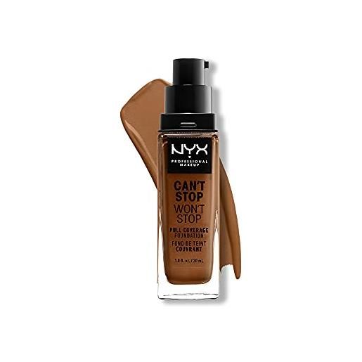 Nyx professional makeup fondotinta, can't stop won't stop full coverage foundation, lunga tenuta, waterproof, finish matte, tonalità: warm mahogany