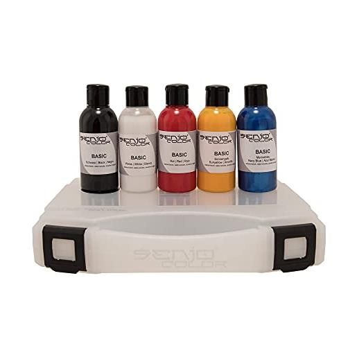 Senjo Color ® airbrush colour set di colori (per viso e corpo) colori dermatologicamente testati (5 x75ml) colori: nero, bianco, rosso, giallo e blu