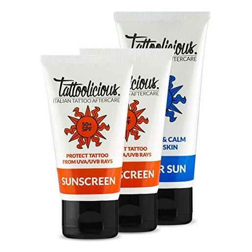 Tattoolicious combo sun plus - sunscreen 50+ protezione solare per tatuaggi anti-sbiadimento, con principi attivi bio, 150ml (2 tubetti da 75 ml) + after sun doposole per tatuaggi, 100 ml. 