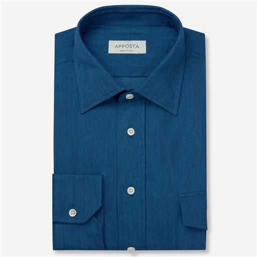 Apposta camicia tinta unita blu 100% puro cotone denim, collo stile collo italiano basso
