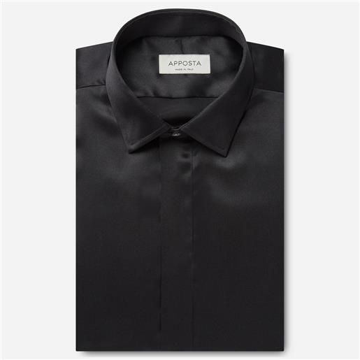 Apposta camicia tinta unita nero seta popeline, collo stile collo italiano aggiornato a punte corte, polso da gemelli