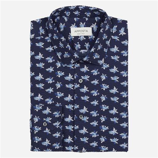 Apposta camicia disegni a fiori blu 100% puro cotone seersucker, collo stile collo italiano aggiornato a punte corte