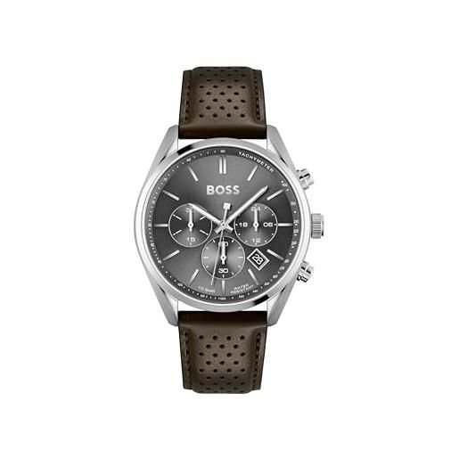 BOSS orologio con cronografo al quarzo da uomo collezione champion con cinturino in acciaio inossidabile o pelle grigio (grey)