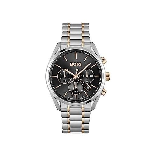 BOSS orologio con cronografo al quarzo da uomo collezione champion con cinturino in acciaio inossidabile o pelle nero/argento x1 (black & silver)