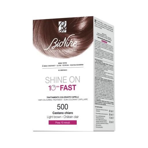 BioNike shine on fast kit trattamento colorante capelli n. 500 castano chiaro - crema 60 ml, rivelatore 60 ml, shampoo 15 ml, balsamo 20 ml