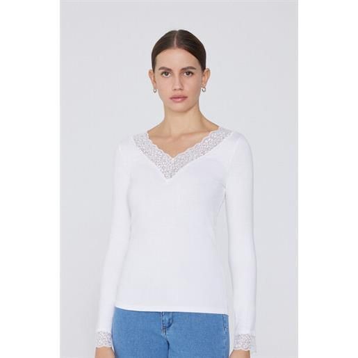 Tezenis maglia con scollo a v manica lunga in viscosa e pizzo donna bianco