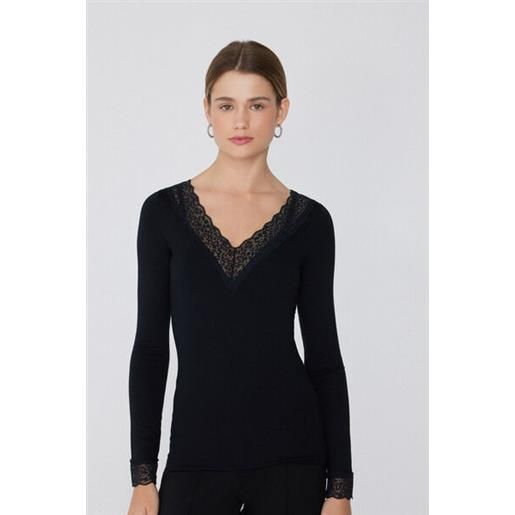 Tezenis maglia con scollo a v manica lunga in viscosa e pizzo donna nero
