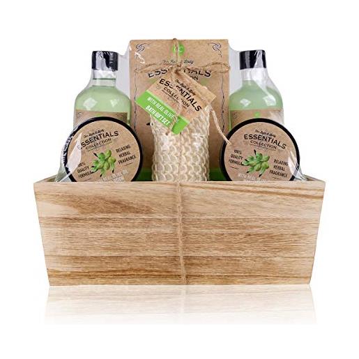 Accentra - set regalo "olive" in un cesto decorativo in legno, set da bagno, spa e doccia, fragranza all'oliva, set regalo da 6 pezzi, ottimo regalo per compleanno o san valentino