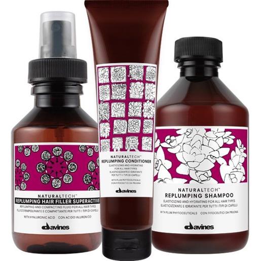 DAVINES naturaltech kit replumping shampoo 250ml+ conditioner 150ml+filler 100ml