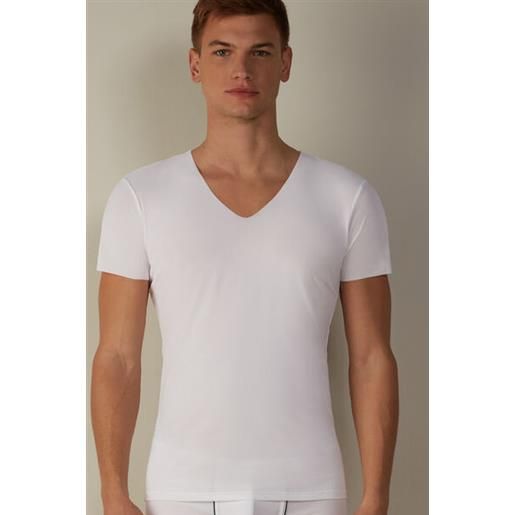 Intimissimi t-shirt in microrete taglio vivo con scollo a v bianco
