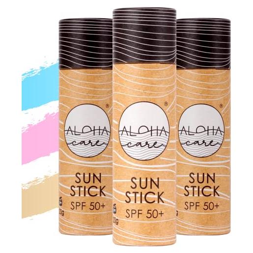 Aloha Care aloha sun stick spf 50+ | crema solare minerale colorata per il surf | tubo di carta ecologico | 3 x 20g (3-pack) - blu + rosa + beige