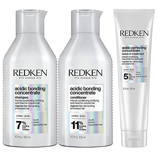 Redken | kit shampoo + balsamo + trattamento leave-in, routine professionale per capelli danneggiati, acidic bonding concentrate