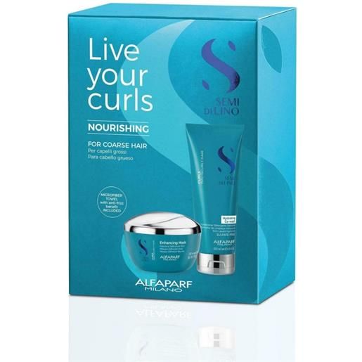 Alfaparf live your curls nourishing hydrating co-wash+enhancing mask 200+200ml+microfiber towel - kit capelli ricci spessi