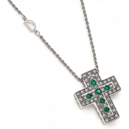 Damiani collana croce in oro bianco, diamanti e smeraldi