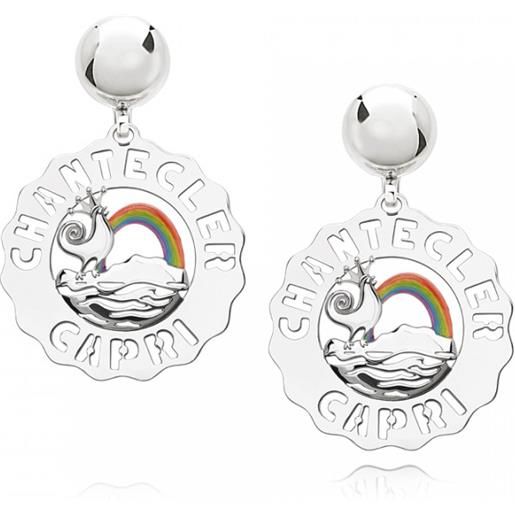 Chantecler orecchini logo in argento piccoli gallo e arcobaleno argento e smalti colorati