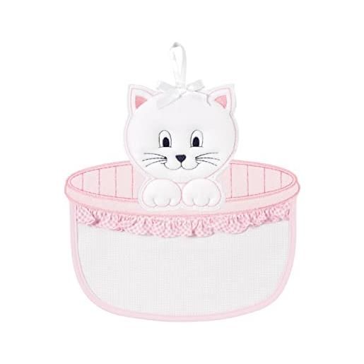 Filet - fiocco nascita neonata a forma di gattino nella cesta in tela aida da ricamare, ideale da appendere per annunciare la nascita di una bambina, 100% made in italy, colore bianco e rosa