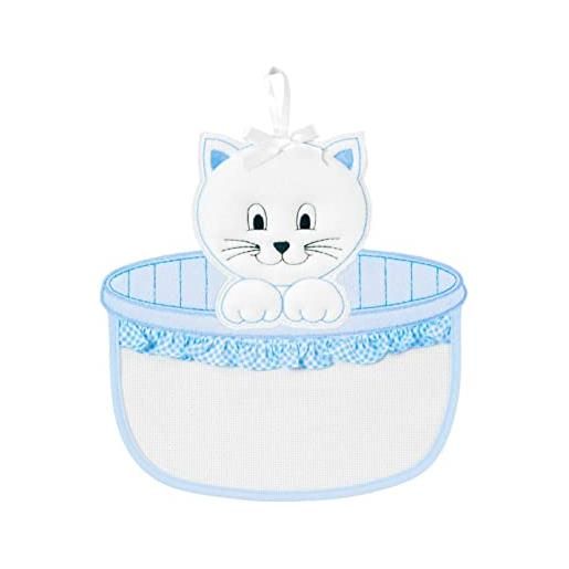 Filet - fiocco nascita neonato a forma di gattino nella cesta in tela aida da ricamare, ideale da appendere per annunciare la nascita di un bambino, 100% made in italy, colore bianco e azzurro