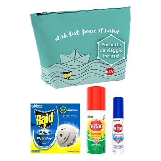 Raid kit da viaggio contro gli insetti: Raid night & day, autan tropical mini spray 50 ml, autan dopopuntura gel 25 ml