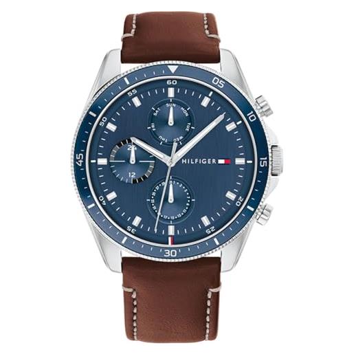 Tommy Hilfiger orologio multifunzionale al quarzo da uomo 44mm - 3 sotto-quadranti, cinturino in pelle marrone, cadran blu, resistente all'acqua 5atm - 1791837