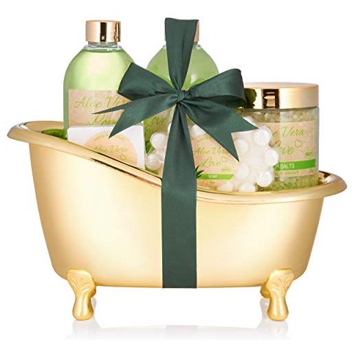 Brubaker set da bagno 'aloe vera love' presentato in una mini vasca da bagno color oro, 6 pezzi