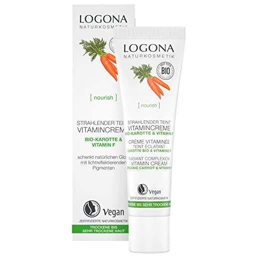 Logona - crema vitaminica biologica radiante per pelle secca e molto secca con carota biologica e vitamina f, nutriente intensivo e radiante, naturale e vegano, 30 ml