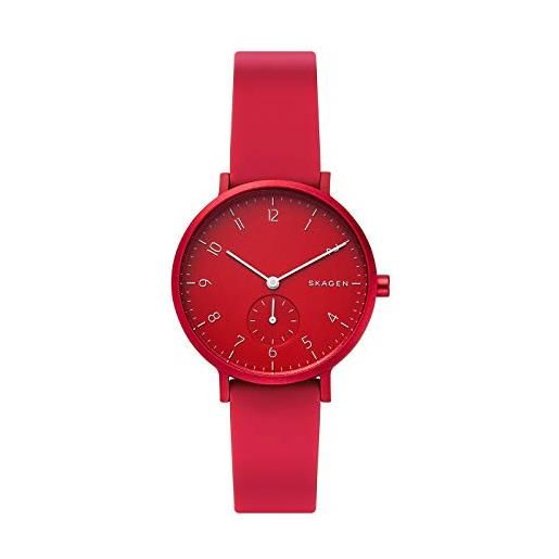 Skagen aaren orologio per donna, movimento al quarzo con cinturino in acciaio inossidabile, silicone o pelle, rosso cremisi, 36mm