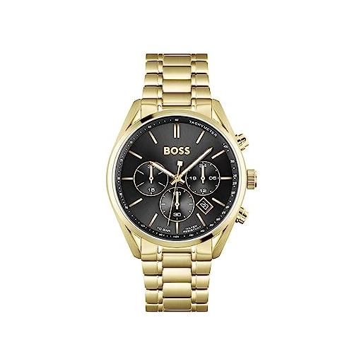 BOSS orologio con cronografo al quarzo da uomo collezione champion con cinturino in acciaio inossidabile o pelle nero/oro (black & gold)