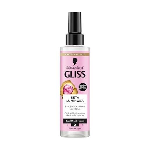 Gliss schwarzkopf Gliss seta luminosa spray express 200ml, leave in conditioner spray con ceramidi e seta, balsamo senza risciacquo e termoprotettore per capelli fragili e spenti
