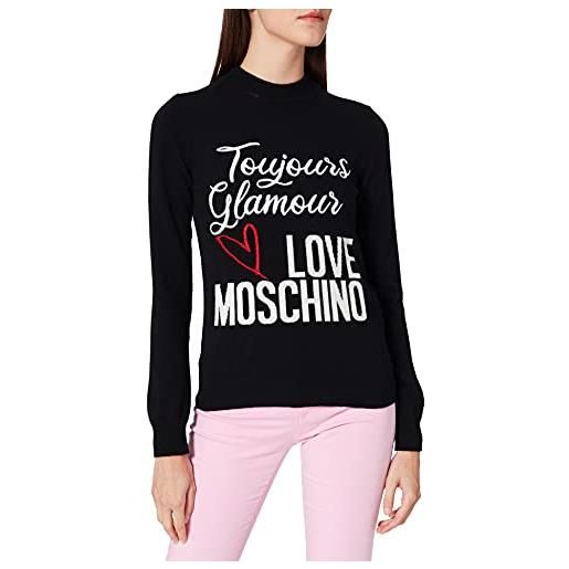 Love Moschino regular fit turtleneck pullover long sleeve with embroidered slogan and logo intarsia in front felpa, nero, 48 donna
