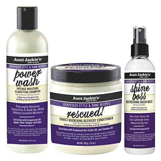BellamiLuxx aunt jackie's grapeseed power wash shampoo 355 ml, rescued recovery conditioner 426 g & shine boss sheen mist, 120 ml