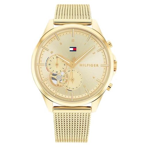 Tommy Hilfiger orologio analogico multifunzione al quarzo da donna con cinturino in maglia metallica in acciaio inossidabile di colore dorato - 1782417