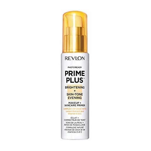 Revlon prime plus makeup & skincare primer viso, brightening + skin-tone evening, illuminante & idratante, con vitamina c e acido lattico, 30 ml