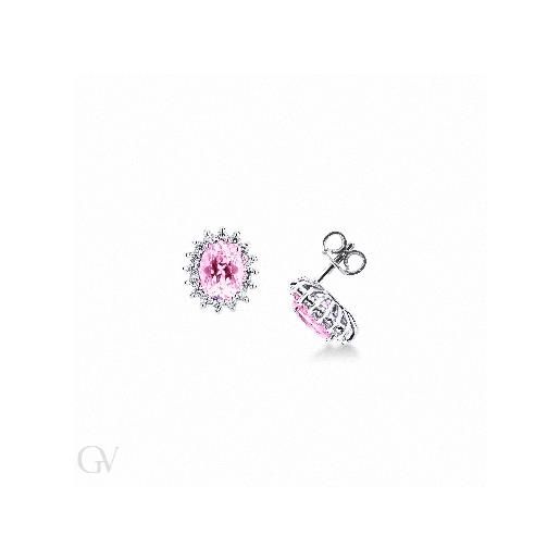 Gioielli di Valenza orecchini contorno in oro bianco 18k con zaffiro rosa ovale e diamanti