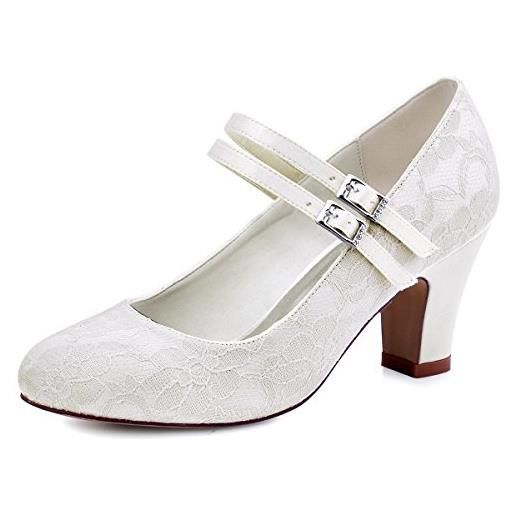 Elegantpark hc1701 scarpe da sposa con tacco pizzo scarpe fibbia punta chiusa donna bianco 40