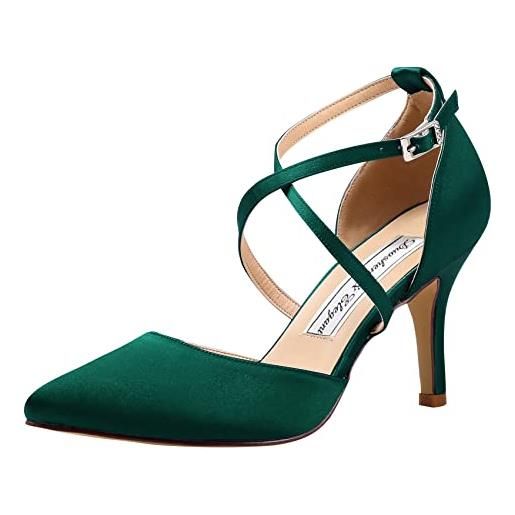 Duosheng & Elegant hc1901 donna punta a punta tacco alto scarpette tracolla incrociata satin raso scarpe da sposa da festa verde scuro eu 41