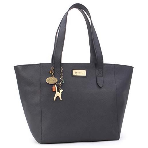 Catwalk Collection Handbags - vera saffiano pelle resistente all'acqua - grande borsa a spalla/borse a mano/tote - con ciondolo a forma di gatto - paloma - nero