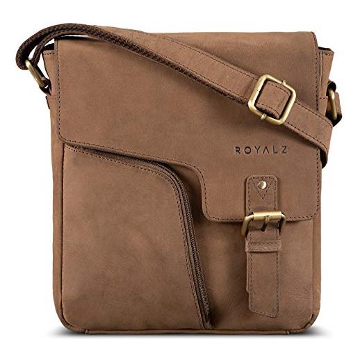 ROYALZ 'denver' borsa uomo pelle piccola vintage tracolla borsello vero cuoio messenger per tablet da 10,1 pollici viaggio, colore: roma cognac marrone