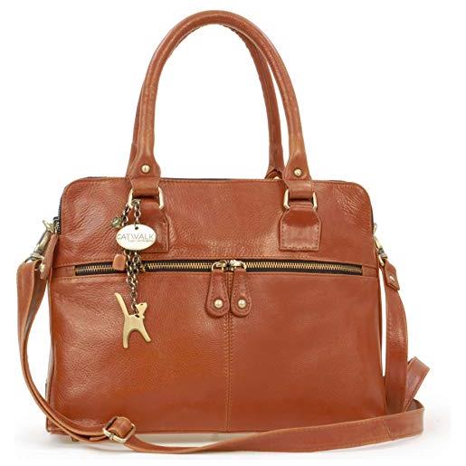Catwalk Collection Handbags - vera pelle - grande borsa a tracolla/borse a mano/spalla/messenger/tote/tracolla regolabile - con ciondolo a forma di gatto - victoria - marrone chiaro