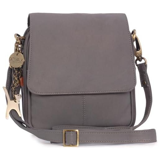 Catwalk Collection Handbags - vera pelle - borse a tracolla/borsa a mano/messenger/borsetta donna - con ciondolo a forma di gatto - teagan - grigio