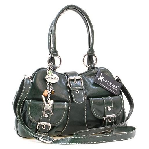 Catwalk Collection Handbags - vera pelle - borsa a tracolla/borse a mano/spalla/messenger/tracolla regolabile e rimovibile - con ciondolo a forma di gatto - faith - verde