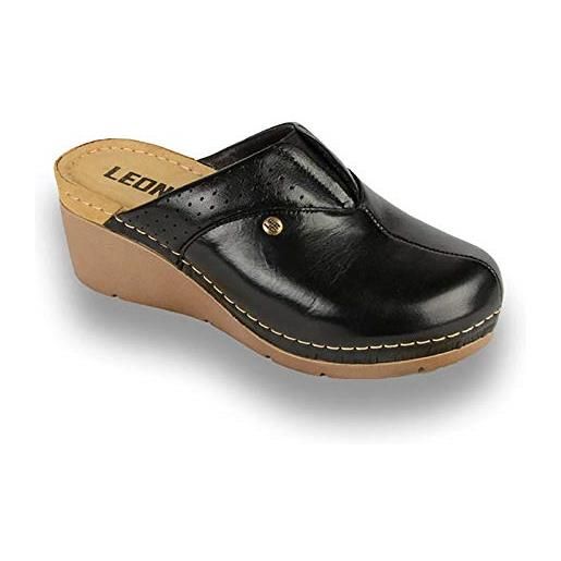 LEON 1002 zoccoli sabot pantofole scarpe pelle donna, nero, eu 38