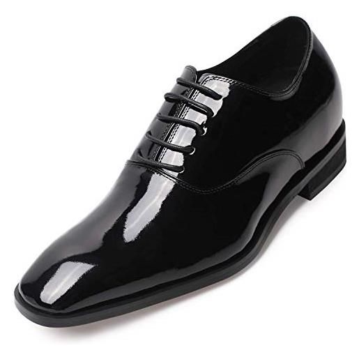 CHAMARIPA scarpe eleganti da uomo pelle - rialzo interno 7cm stringate derby basse oxford vintage verniciata cuoio brogue nero