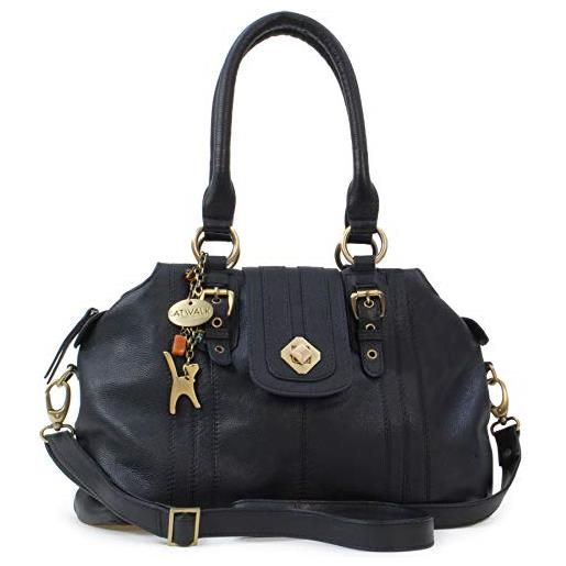 Catwalk Collection Handbags - vera pelle - borsa a tracolla/borse a mano/spalla/messenger/tote/tracolla regolabile e rimovibile - con ciondolo a forma di gatto - kate - nero