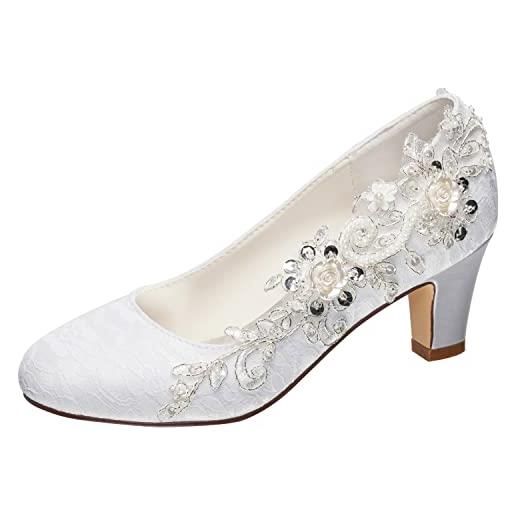 Emily Bridal, scarpe da sposa da donna in seta come raso, tacchi con punto in pizzo, fiore e perla, avorio (avorio), 42 eu